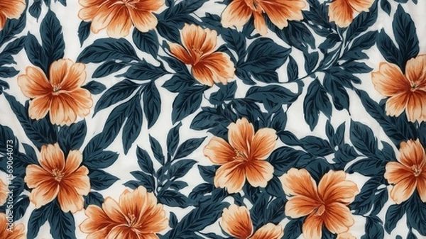 Fototapeta Elegant tropical floral pattern with vibrant orange hibiscus and lush green leaves