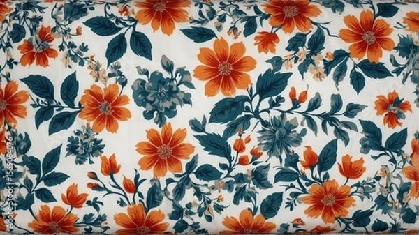 Fototapeta Vibrant floral pattern with orange and blue flowers on white background