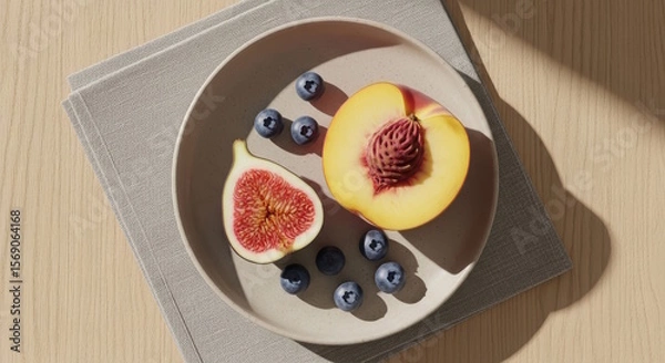 Obraz Sliced peach and fig with blueberries on a plate, illuminated by sunlight.