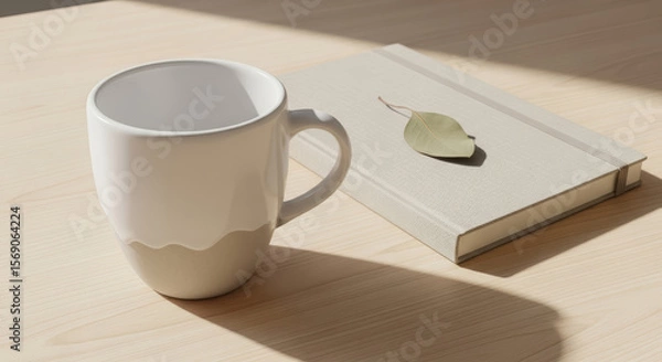 Obraz A white mug and a closed notebook with a dry leaf on a wooden table, illuminated by sunlight.