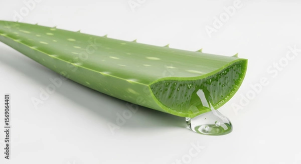 Obraz A fresh aloe vera leaf with a drop of clear gel oozing out on a white background.