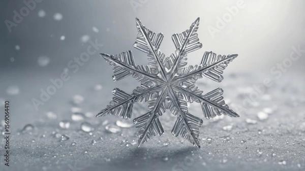 Fototapeta Closeup of intricate snowflake with delicate patterns on frosted surface in winter wonderland
