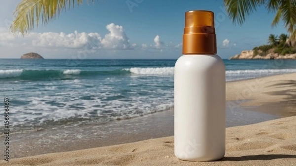 Fototapeta Sun protection bottle on tropical beach sand with ocean waves and palm leaves in background