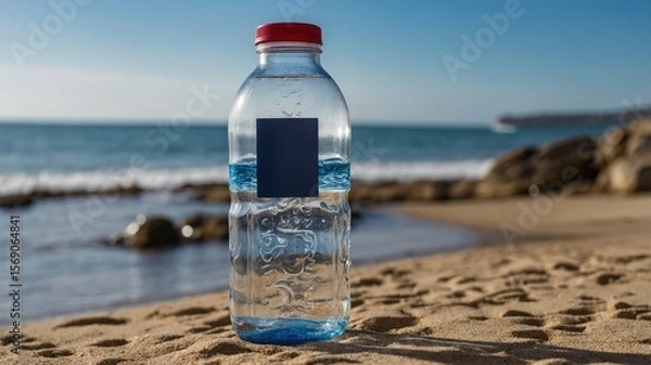 Fototapeta Plastic water bottle on sandy beach with ocean waves in the background