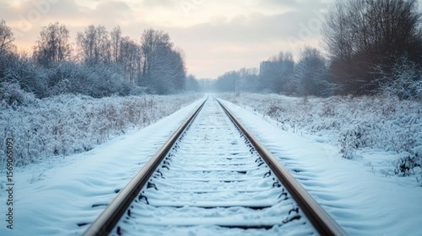 Fototapeta Snowy railway tracks extend into a winter landscape.