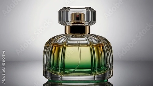 Fototapeta Elegant crystal perfume bottle with gradient green and gold fragrance on reflective surface