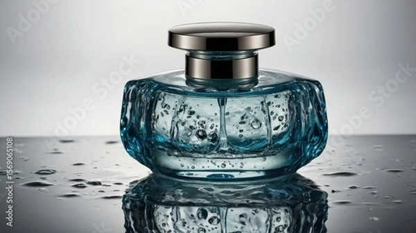 Fototapeta Elegant blue glass perfume bottle with water droplets in stylish minimalist reflection