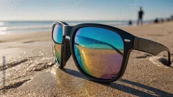 Fototapeta Sunglasses on sandy beach reflecting vibrant ocean waves and blue sky
