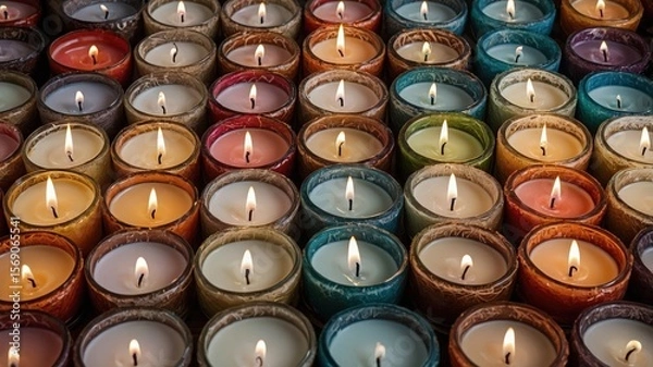 Fototapeta Vibrant array of colored candles illuminates a cozy ambiance