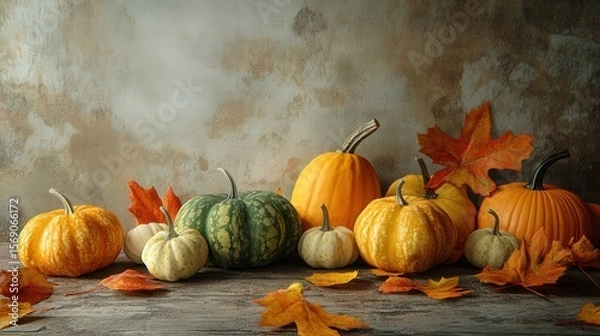 Fototapeta Autumnal display of pumpkins and leaves on a rustic surface.