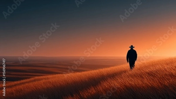 Fototapeta Serene Sunset Overrolling Hills with Silhouette of a Walker