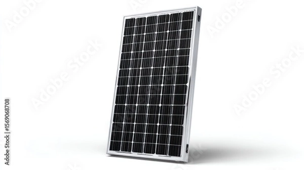 Obraz Single solar panel with monocrystalline cells and silver frame, standing vertically, clean reflection and surface grid lines, isolated on white background with wide copy space