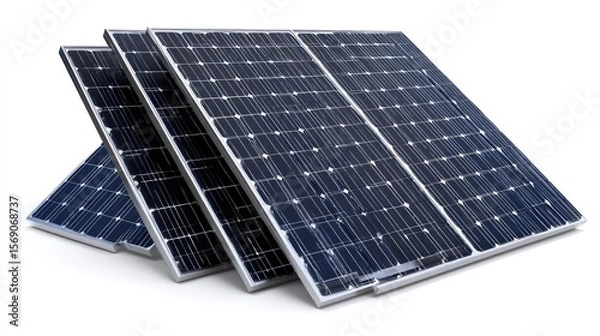 Obraz Three solar panels stacked slightly offset, clean surfaces and structured grid lines visible, isolated on white background, ideal for environmental tech content