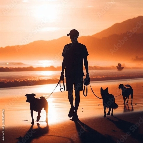 Obraz Walker enjoys sunset stroll with three dogs along the beach while waves crash gently in the background