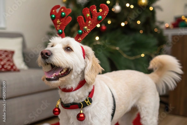 Obraz Happy dog wears reindeer antlers and christmas collar in front of christmas tree