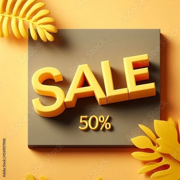 Obraz Bright yellow sale sign with vibrant foliage design promoting 50 cent off on products in a modern retail setting