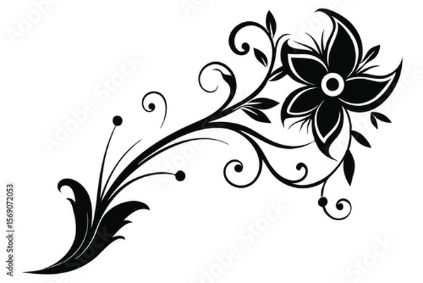 Fototapeta Elegant Black and White Floral Design Swirling Vines and Petals