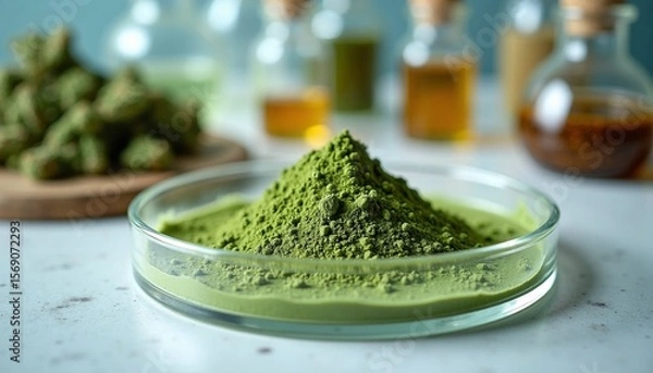 Obraz Green powder spirulina chlorella chlorophyll and herbs arranged beautifully, showcasing natural ingredients in a serene kitchen setting