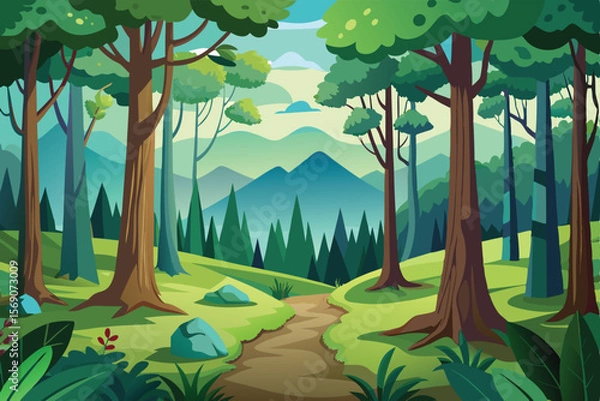 Fototapeta Serene Forest Path A Journey Through Lush Greenery and Majestic Mountains
