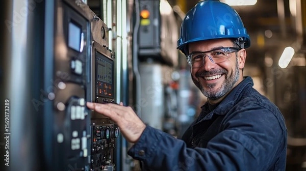 Fototapeta A technician adjusts controls on a complex industrial panel.