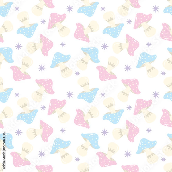 Fototapeta Pastel-tone mushrooms on a white background. Autumn seamless pattern for clothing, fabric, wallpaper, backdrop, home decoration, cover book, and wall art.