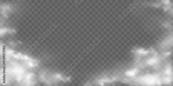 Fototapeta Realistic white clouds border. Transparent fog effect, mist, smoke imitation. Vector background.