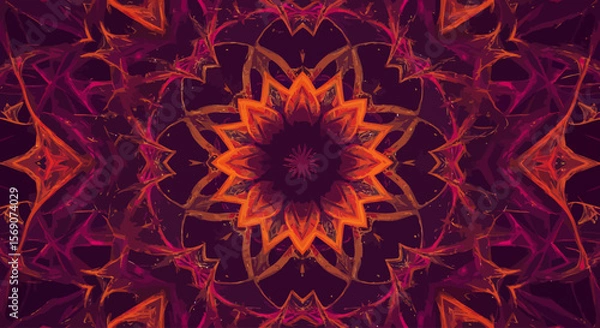 Fototapeta Vibrant Psychedelic Mandala Pattern with Fiery Orange and Deep Magenta Hues Evoking Spiritual Transformation and Cosmic Energy Flow