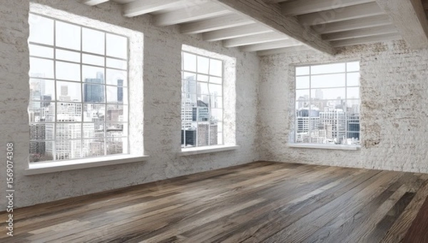 Fototapeta Bright Room with Three Large Windows Inside