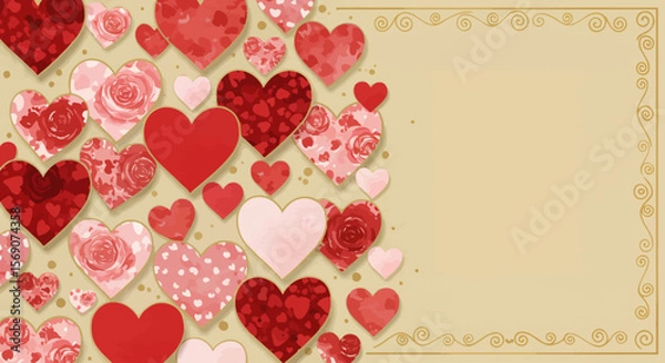 Fototapeta A beautiful romantic background filled with assorted hearts and floral patterns in various shades of red and pink ideal for Valentine's Day or wedding invitation