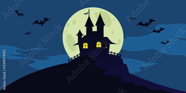 Fototapeta Spooky Halloween night with a haunted house and castle silhouette under a full moon, surrounded by bats and gnarled trees, perfect for a dark autumn celebration illustration