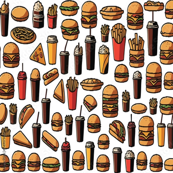 Fototapeta Collection of colorful fast food icons: burgers, fries, hot dogs, and drinks. Perfect for menus and apps.