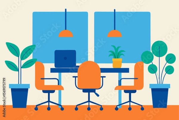 Fototapeta Modern Office Design Collaborative Workspace with Plants and Privacy Screens