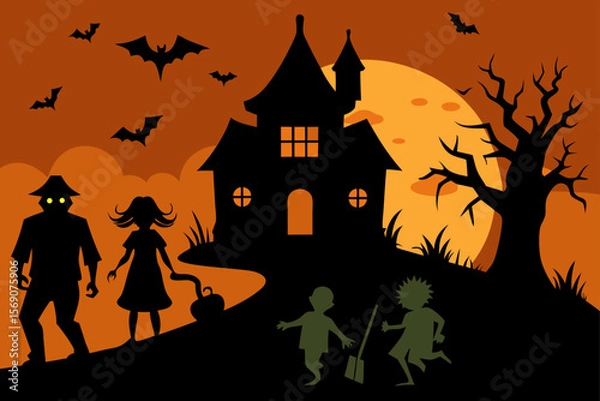 Fototapeta Spooky Halloween night with a haunted house, a full moon, and bats silhouetted against the dark sky, featuring a scary pumpkin and a witch