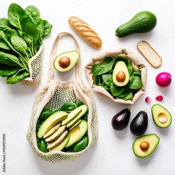 Obraz Fresh vegetables and fruits arranged creatively in a natural setting with a focus on avocados and spinach