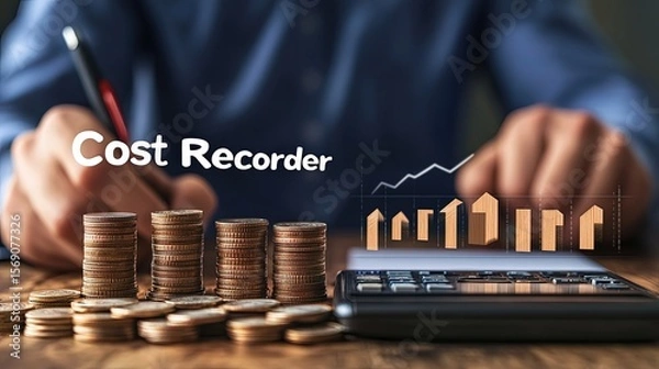 Fototapeta Coins and Calculator with Cost Recorder
