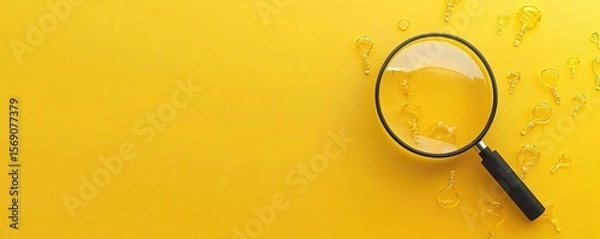 Fototapeta Magnifying Glass Examining Light Bulbs on Yellow Background