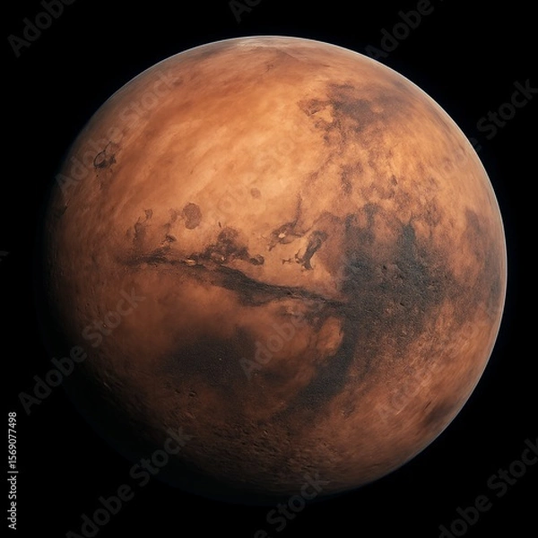 Fototapeta High-resolution Mars Planet Render: Realistic Detailed Surface Texture, Dark Space Background, Cinematic Mood