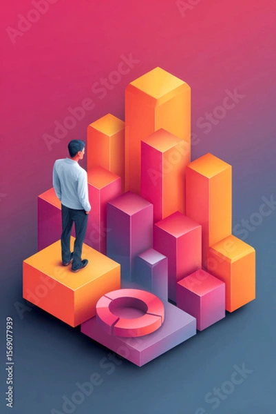 Fototapeta Man standing orange block with colorful 3d bar chart and pie chart