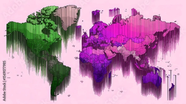 Fototapeta 3D world map with vertical bars in warm and cool colors