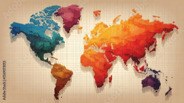 Fototapeta Colorful world map with vertical lines and warm tone background