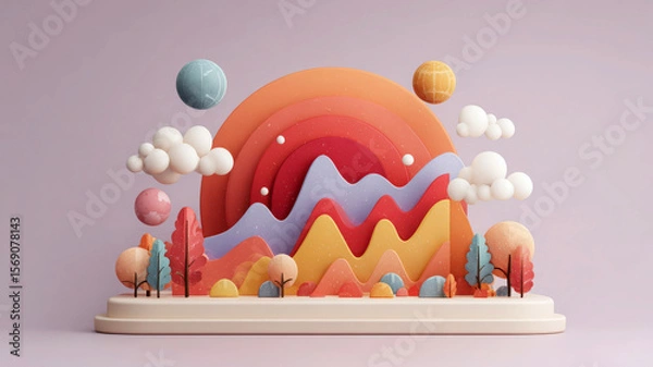 Fototapeta Colorful abstract landscape with mountains and clouds in soft tones