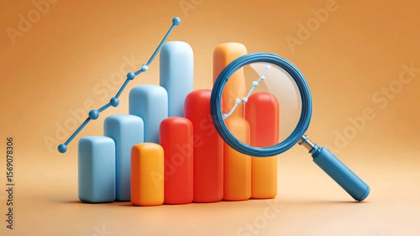 Fototapeta Colorful bar chart with magnifying glass showing growth trend