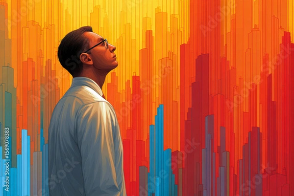 Fototapeta Man glasses looking up with colorful abstract cityscape background