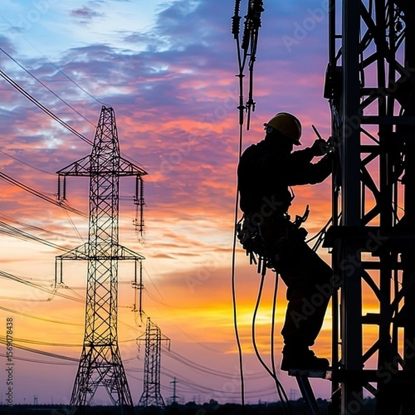 Fototapeta Power Line Worker Working on Power Tower at Sunset