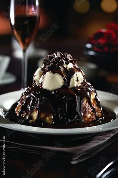 Fototapeta Dessert with Ice Cream and Chocolate Sauce
