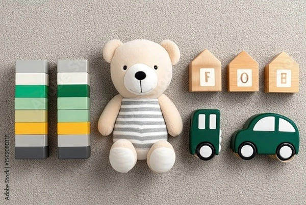Fototapeta Toy Bear, Car and House Blocks on Gray Surface