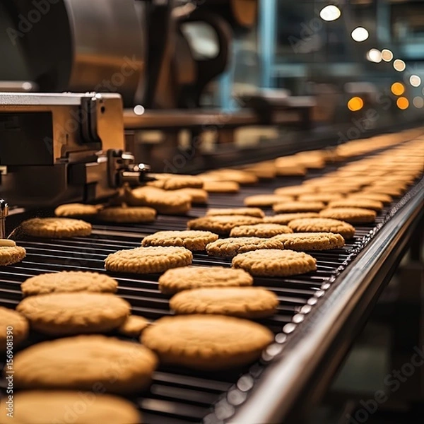 Fototapeta Cookies on a Conveyor Belt in a Factory
