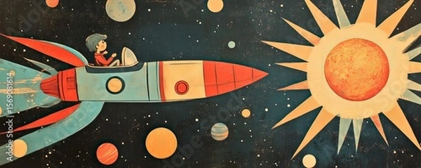 Fototapeta Rocket Ship with Child in Space