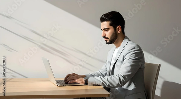 Fototapeta Arabian young man working on laptop computer in bright office, focused adult male professional engaged in remote business.