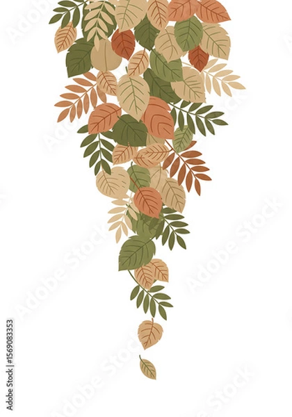 Fototapeta A vertical trail of various flat-style leaves gently falling, in an eco-chic neutral palette of olive, sand, and terracotta, on a white background.